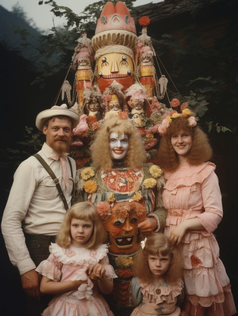 KI Kunst mit Midjourney erstellt: Familienfoto in Retro Pastellfarben vor einem Holzpfahl mit Formen und Figuren aus Holz