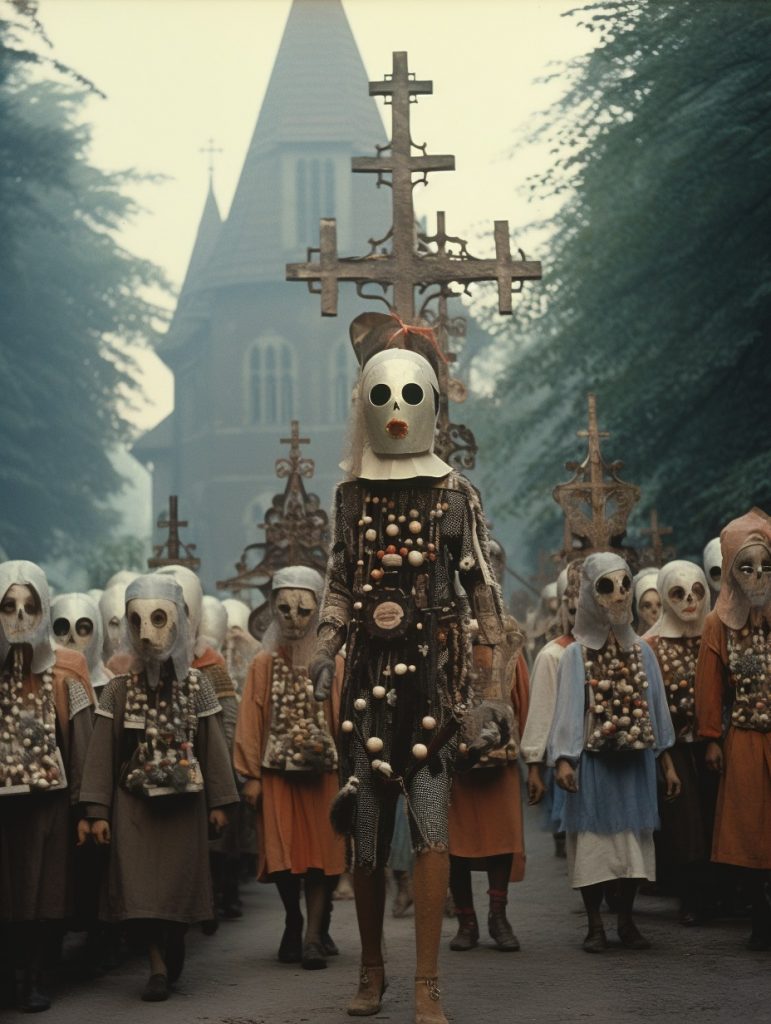KI Kunst mit Midjourney erstellt: Personen mit Masken und Kreuz in einer Parade vor einer Kirche