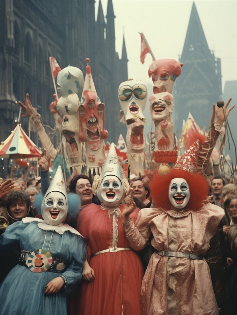 KI Kunst kreiert mit Midjourney: Clowns in einer Parade, die ein deutsches "Volksfest" symbolisieren sollen